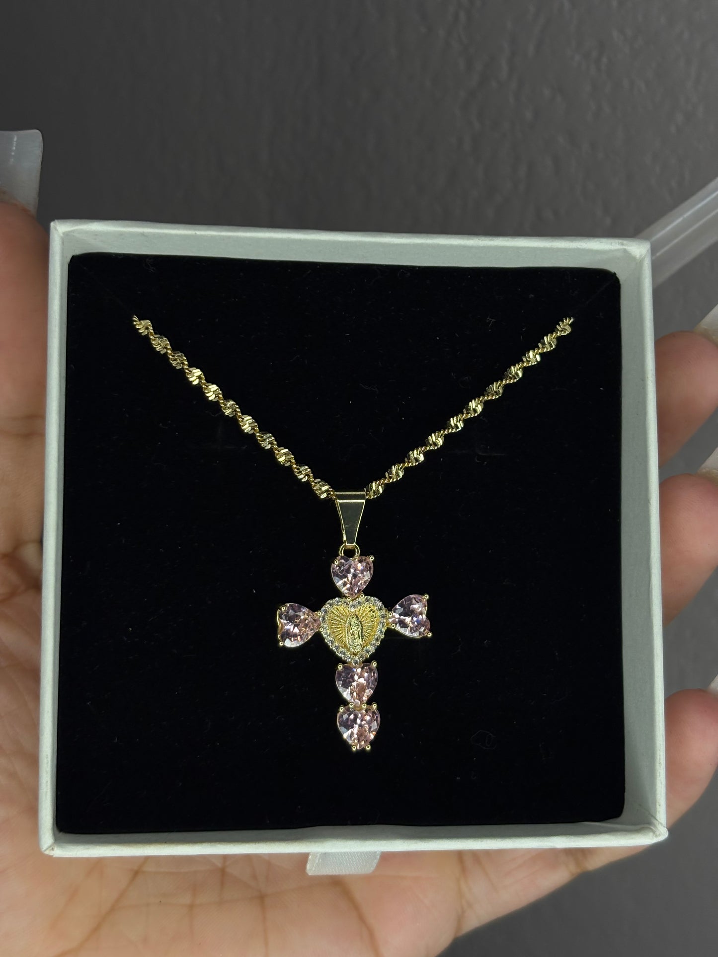 Pink Cross Pendant + 18” Gold Chain